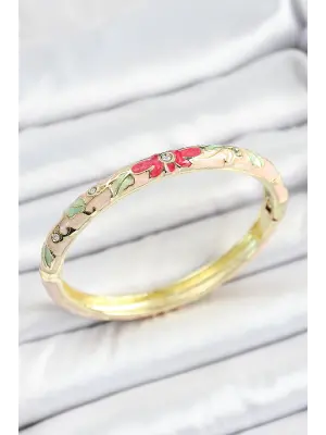 Mineli Pirinç Zirkon Taşlı Yeşil Pembe Çiçek Desenli Gold Renk Kadın Kelepçe