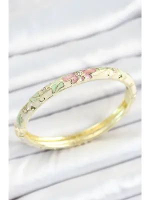 Mineli Pirinç Zirkon Taşlı Yeşil Pembe Çiçek Desenli Gold Renk Kadın Kelepçe