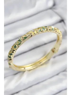 Mineli Pirinç Zirkon Taşlı Yeşil Sarı Çiçek Motifli Gold Kadın Kelepçe