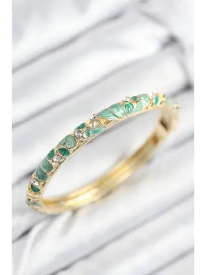 Mineli Pirinç Zirkon Taşlı Zümrüt Yeşili Çiçek Motifli Gold Kadın Kelepçe