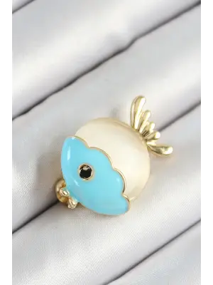 Mineli Turkuaz Ve Krem Balık Figürlü Gold Renk Kadın Broş