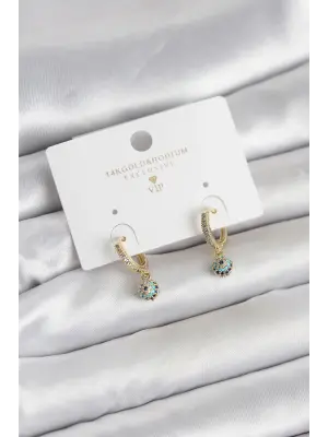 Minimal Nazarlı Model Gold Renk Zirkon Taşlı Kadın Küpe