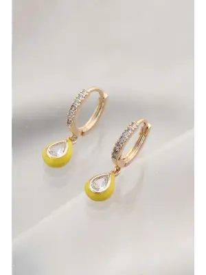 Minimal Taşlı Sarı Damla Model Küpe