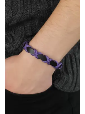Mor Çapraz İpli Siyah Renk Deri Erkek Bileklik