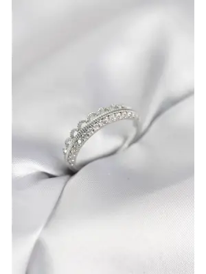 Motif Desenli Gümüş Renk Zirkon Taşlı Kadın Yüzük