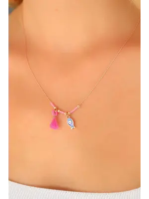 Nazar Boncuklu Pembe Renk Taşlı Rose Bayan Kolye