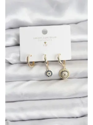 Nazar Model Gold Renk Pirinç 3lü Kadın Küpe Seti