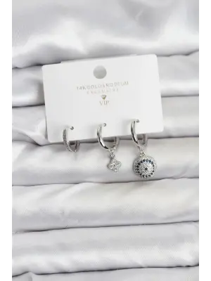 Nazar Model Gümüş Renk Pirinç 3lü Kadın Küpe Seti