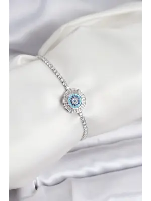 Nazar Model Zirkon Taşlı Gümüş Renk Asansörlü Su Yolu Bileklik