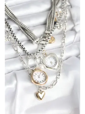 Saat Figürlü Otantik Gümüş Renk Kadın Çoklu Kolye Kombini