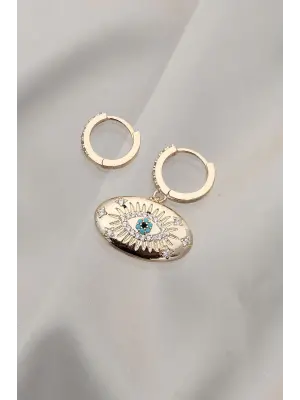 Oval Plaka Göz Tasarımlı Gold Çelik Küpe