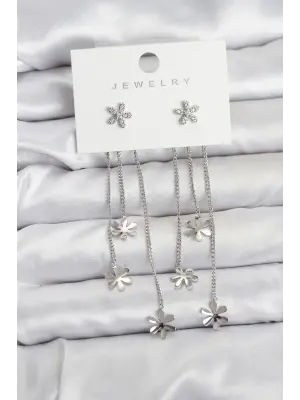 Papatya Model Gümüş Renk Pirinç Sallantılı Kadın Küpe