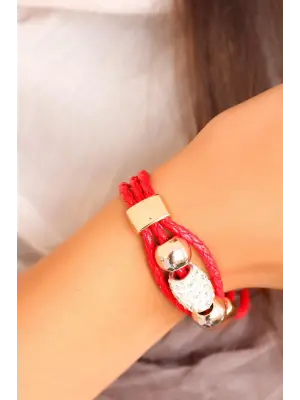 Parlak Taşlı Aksesuarlı Kırmızı Deri Bayan Bileklik