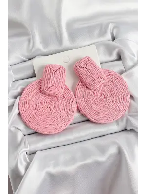 Pembe Daire Figürlü Hasır Örgü Model Gold Renk Kadın Küpe