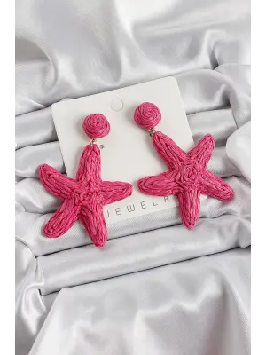 Pembe Deniz Yıldızı Figürlü Hasır Örgü Model Gold Renk Kadın Küpe