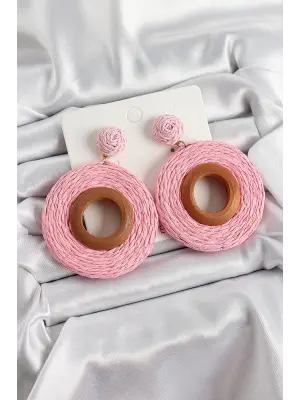 Pembe Halka Figürlü Hasır Örgü Model Gold Renk Kadın Küpe