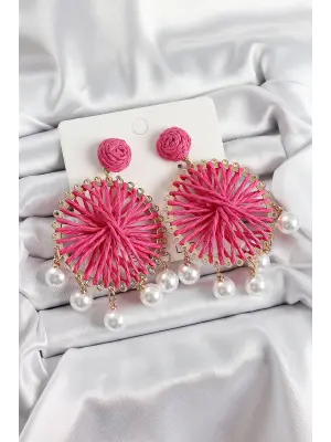 Pembe Hasır Örgü Sarmal Model Sallantılı İnci Detaylı Gold Renk Kadın Küpe
