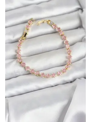 Pembe Kare Zirkon Taşlı Gold Renk Pirinç Su Yolu Kadın Bileklik