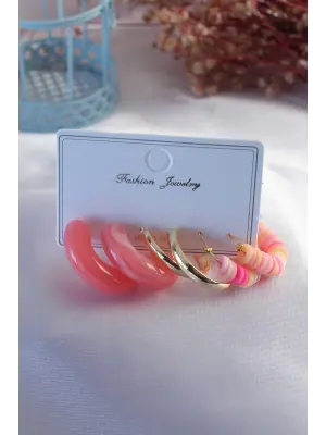 Pembe Karışık Renk Boncuk Halka Kadın Küpe Seti