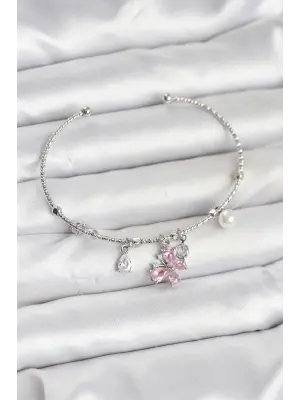 Pembe Kelebek Charmlı Gümüş Renk Kadın Bileklik