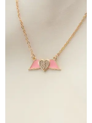 Pembe Mineli Kanat Taşlı Kalp Kolye