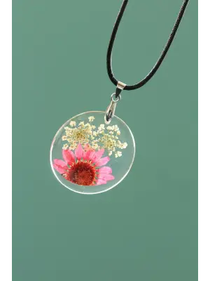 Pembe Renk Canlı Papatya Tasarımlı Kolye