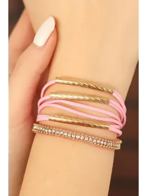 Pembe Renk Deri Taşlı Bayan Çoklu Bileklik