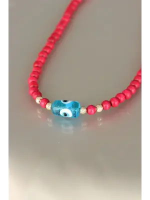 Pembe Renk Tahta Boncuklu Kadın Kolye