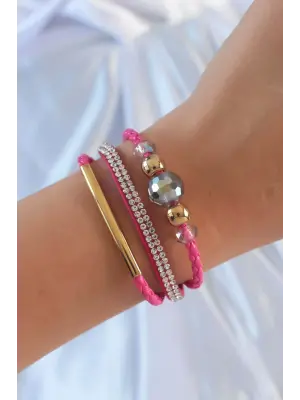 Pembe Renk Zirkon Taşlı Deri Çoklu Bileklik