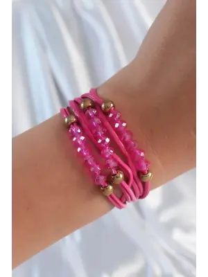 Pembe Renk Zirkon Taşlı İpli Çoklu Bileklik