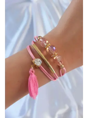 Pembe Renk Zirkon Taşlı İpli Püskül Detay Çoklu Bileklik