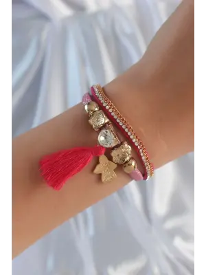 Pembe Renk Zirkon Taşlı Püskül Detay Deri Çoklu Bileklik