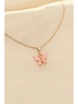 Pembe Sedefli Kelebek Figürlü Kadın Kolye