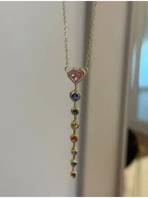 Pembe Taşlı Uzun Kalpli Y Kolye Çelik