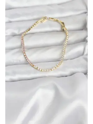 Pembe ve Beyaz Zirkon Taşlı Gold Renk Su Yolu Kadın Bileklik