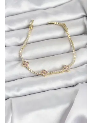 Pembe Yonca Detaylı Zirkon Taşlı Gold Renk Pirinç Su Yolu Kadın Bileklik