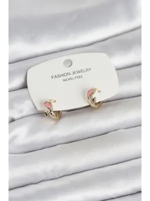 Pembe Yunus Balığı Model Gold Renk Pirinç Çocuk Küpe