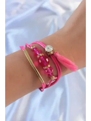 Pembe Zirkon Taşlı İpli Püskül Detay Çoklu Bileklik