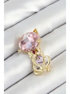 Pembe Zirkon Taşlı Kap Detaylı Kedi Figürlü Gold Renk Kadın Broş