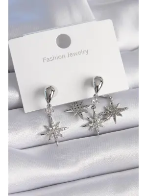 Pirin Gümüş Zirkon Taşlı Kutup Yıldızı Model Çelik Küpe