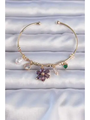 Pirinç Altın Renk Mor Zirkon Taşlı Çiçek Figürlü Charm Bileklik
