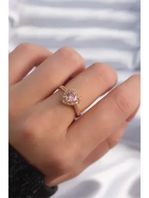  Altın Renk Pembe Zirkon Taşlı Charm Model Ayarlanabilir Yüzük