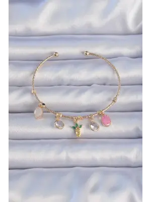Pirinç Altın Renk Zirkon Taşlı Ananas Figürlü Charm Bileklik