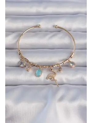 Pirinç Altın Renk Zirkon Taşlı Flamingo Figürlü Charm Bileklik