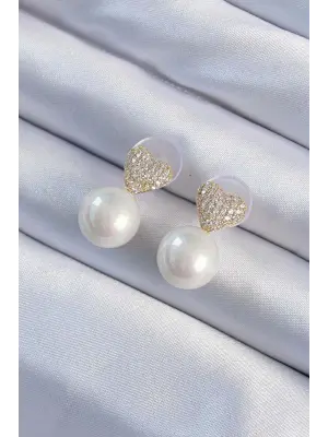  Altın Renk Zirkon Taşlı Kalp Model İnci Tasarım Çelik Küpe