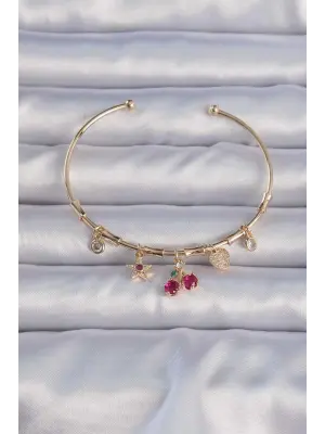 Pirinç Altın Renk Zirkon Taşlı Kiraz Figürlü Charm Bileklik
