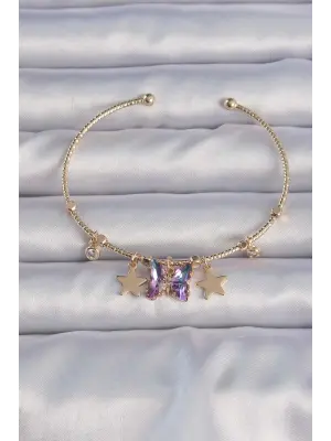Pirinç Altın Renk Zirkon Taşlı Renkli Kelebek Model Yıldız Figürlü Charm Bileklik