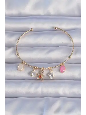 Pirinç Altın Renk Zirkon Taşlı Teddy Figürlü Charm Bileklik