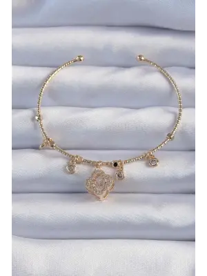 Pirinç Altın Renk Zirkon Taşlı Yonca Model Charm Bileklik