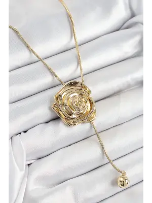 Pirinç Asansörlü Gül Model Gold Renk Kadın Kolye